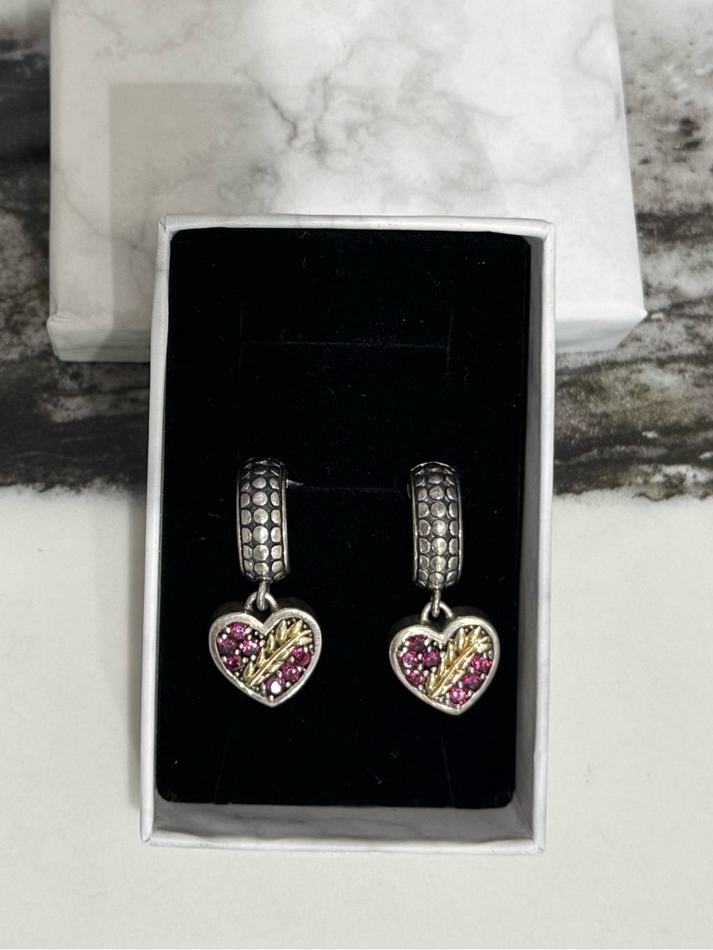 Sterling Silver, 14k Gold, and Amethyst Heart Drop Earrings
